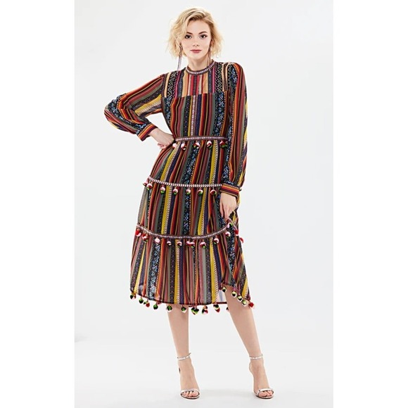 Chelsea & Theodore Boho Striped  Maxi Dress with Pom Poms Long Sleeve Bohemian - Picture 11 of 11